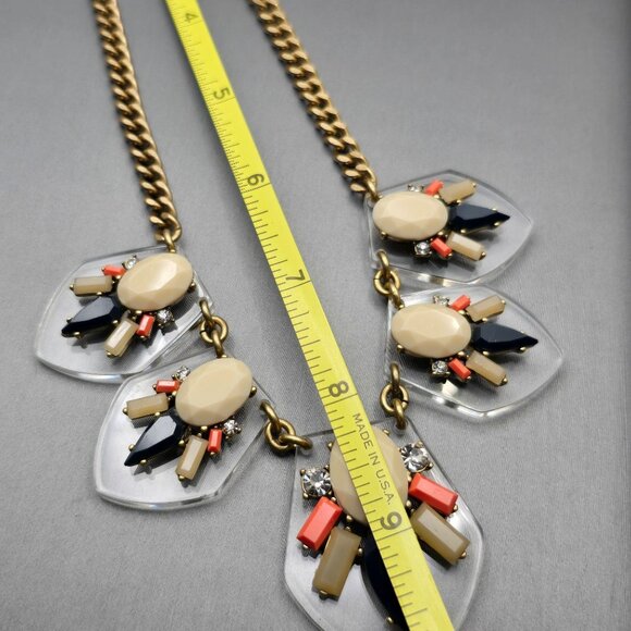 J.Crew Multi-Color Statement Necklace Gold Tone 16" Rhinestones w/ Lucite Shield - Picture 8 of 9